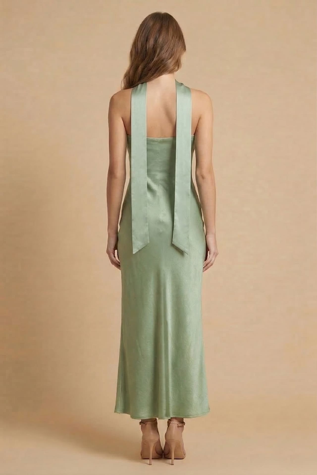 sage dress for wedding guest S Sage Satin Strapless Midi Dress for Wedding Guest