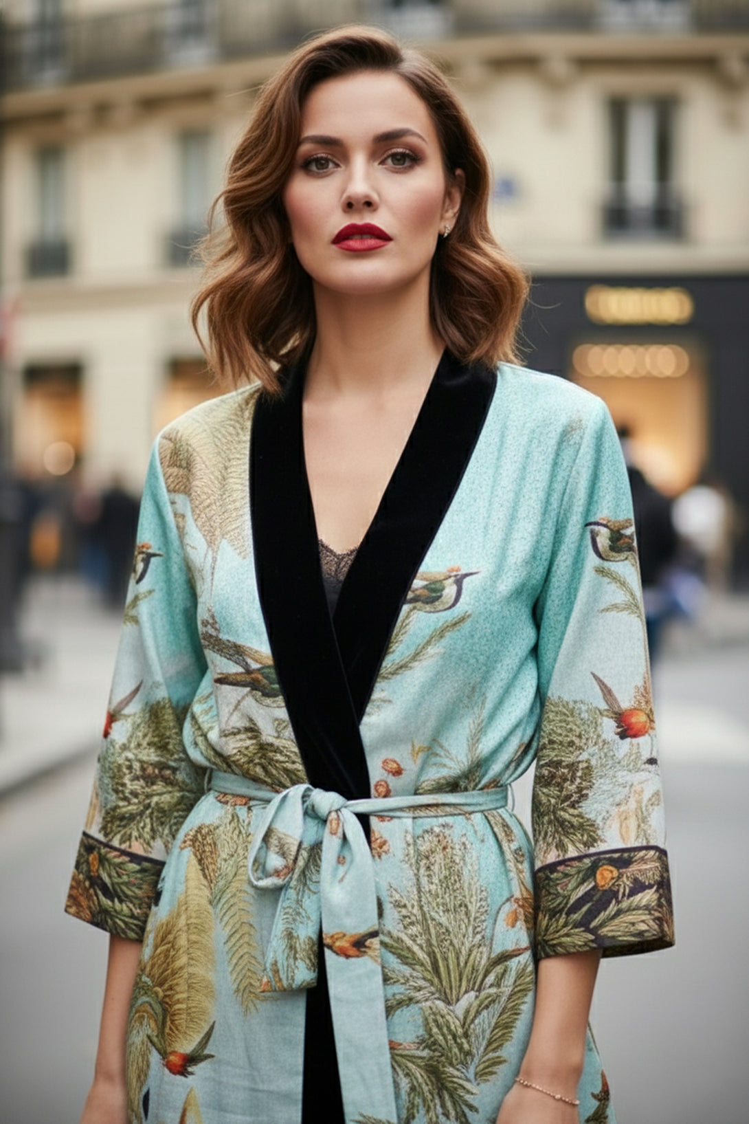 santorini robe, nature print silk, womens trench coat, shahida parides, designer silk robe, luxury womenswear