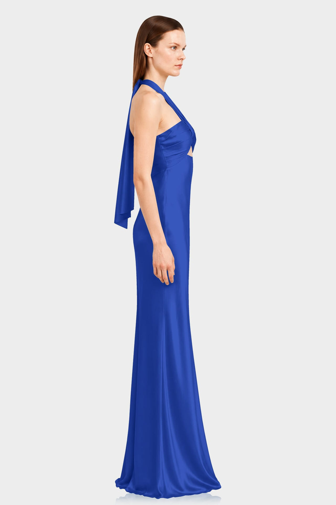 S Designer Sapphire Blue Matte Satin Halter Maxi Gown
