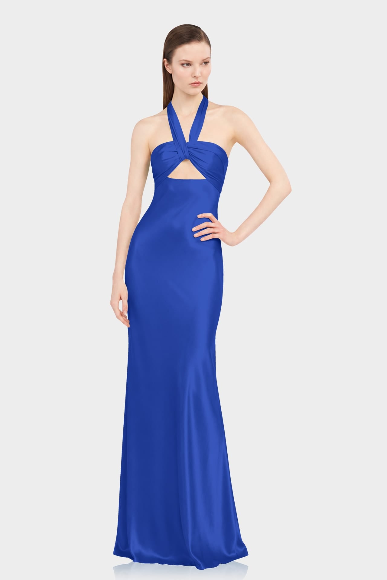 S Designer Sapphire Blue Matte Satin Halter Maxi Gown
