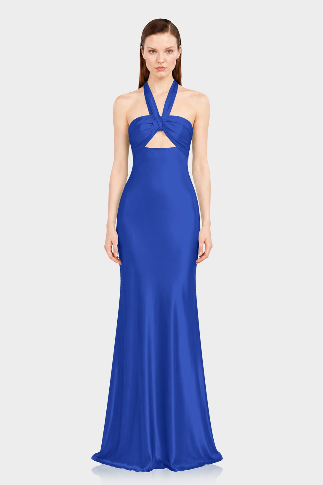 Designer Sapphire Blue Satin Maxi Gown