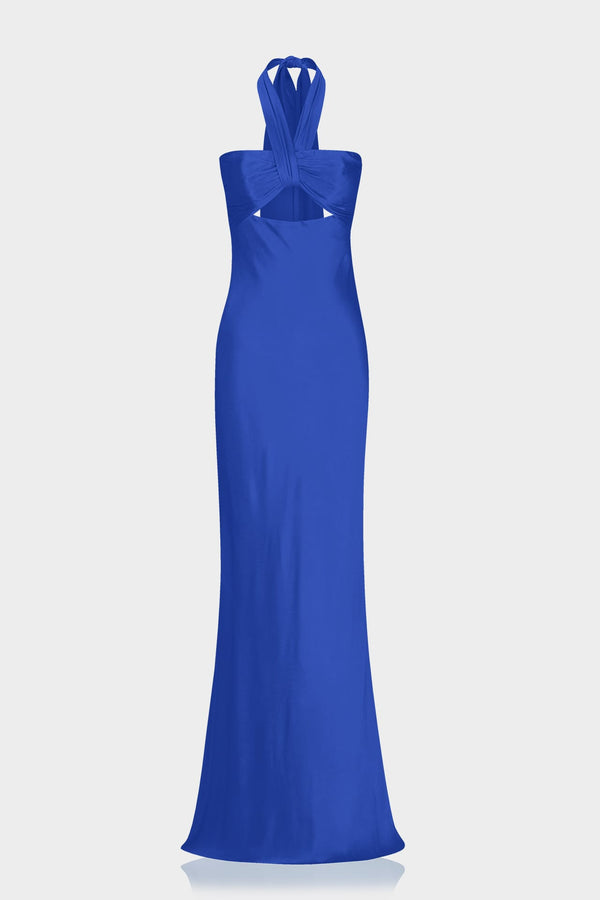 Designer Sapphire Blue Matte Satin Halter Maxi Gown