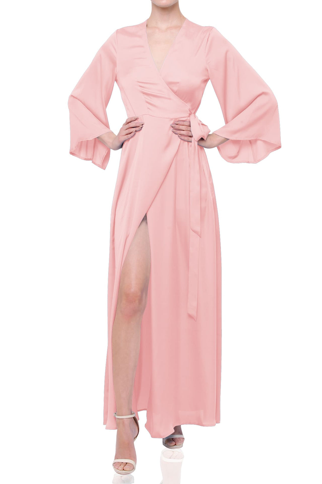 high-neck ruched mesh bridesmaid dress S Blush Pink Satin Wrap Bridesmaid Maxi Dress with Slit – Long Sleeve