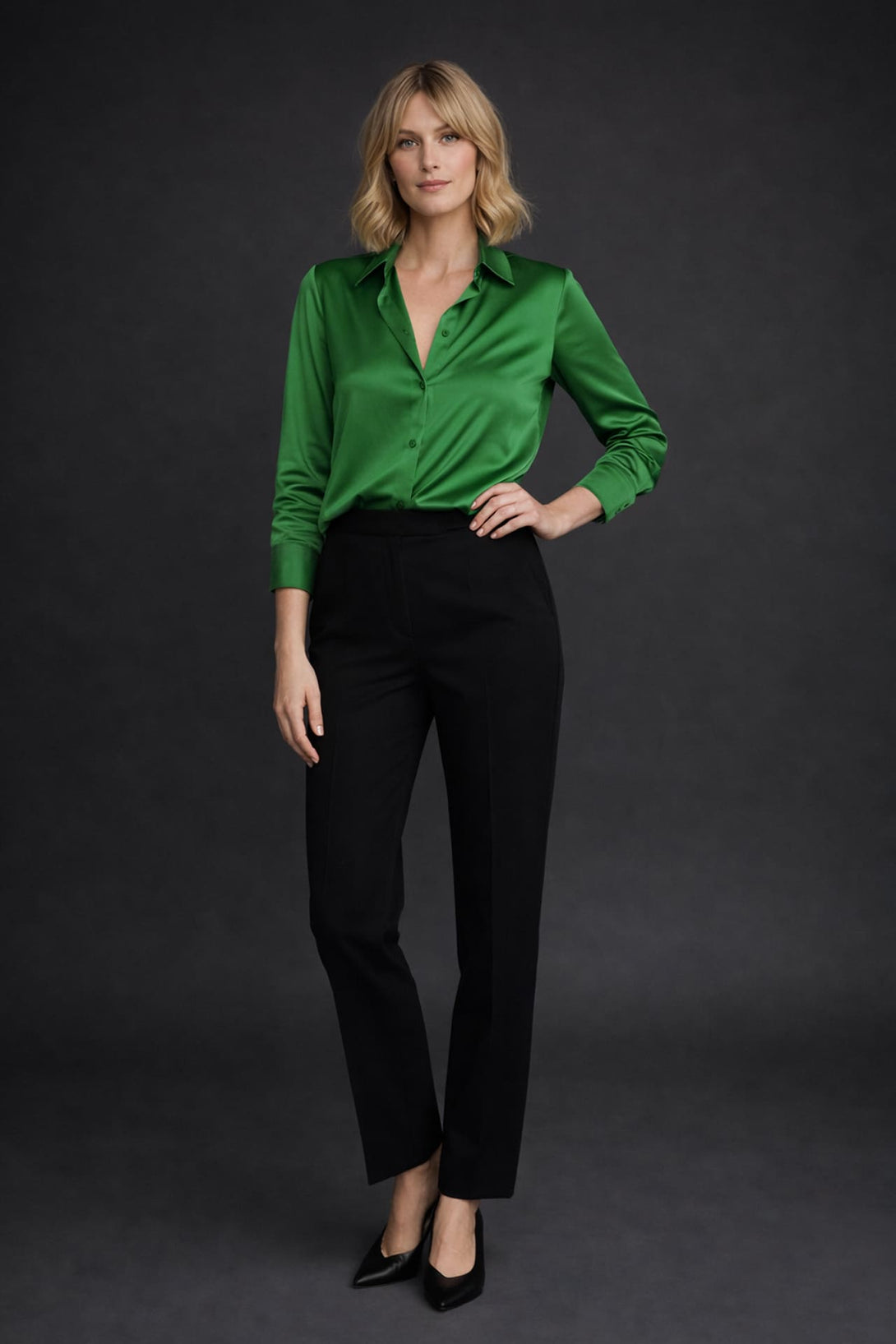 S Emerald Green Long Sleeve Satin Shirt Women – Elegant Collared Blouse