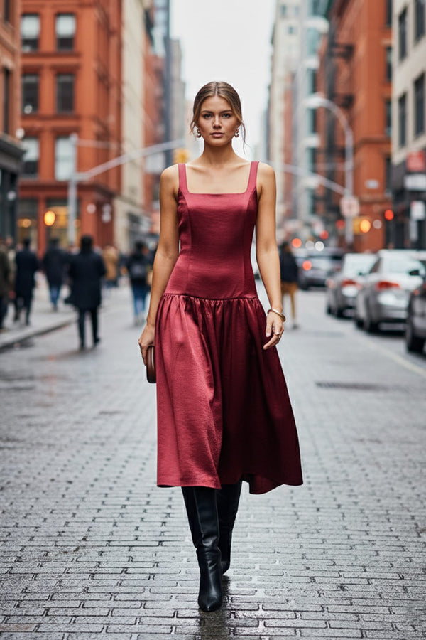 elegant satin fit and flare dress,
satin midi dress with flared hem,
Shahida Parides,