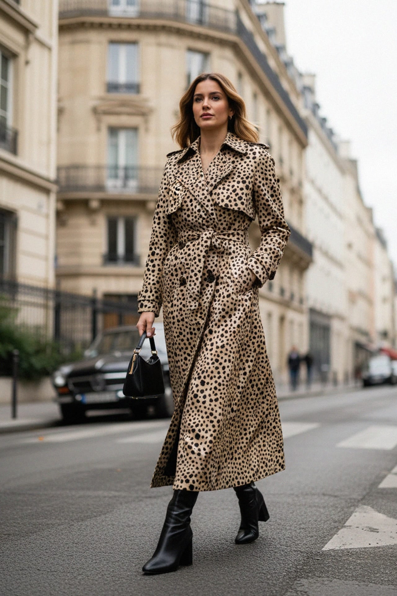 Beige Animal Print Tie-Waist Long Trench Coat|Satin trench