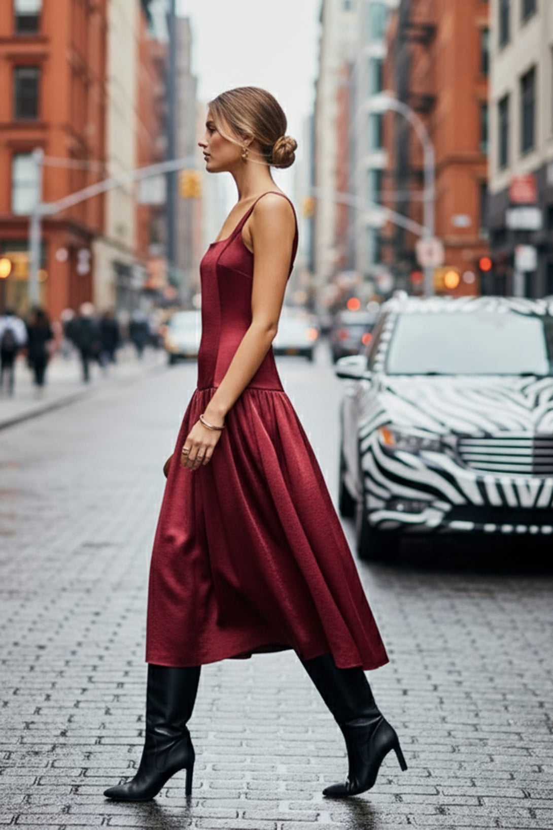 Shahida Parides,
sleeveless satin midi dress,
fit and flare satin dress for parties,