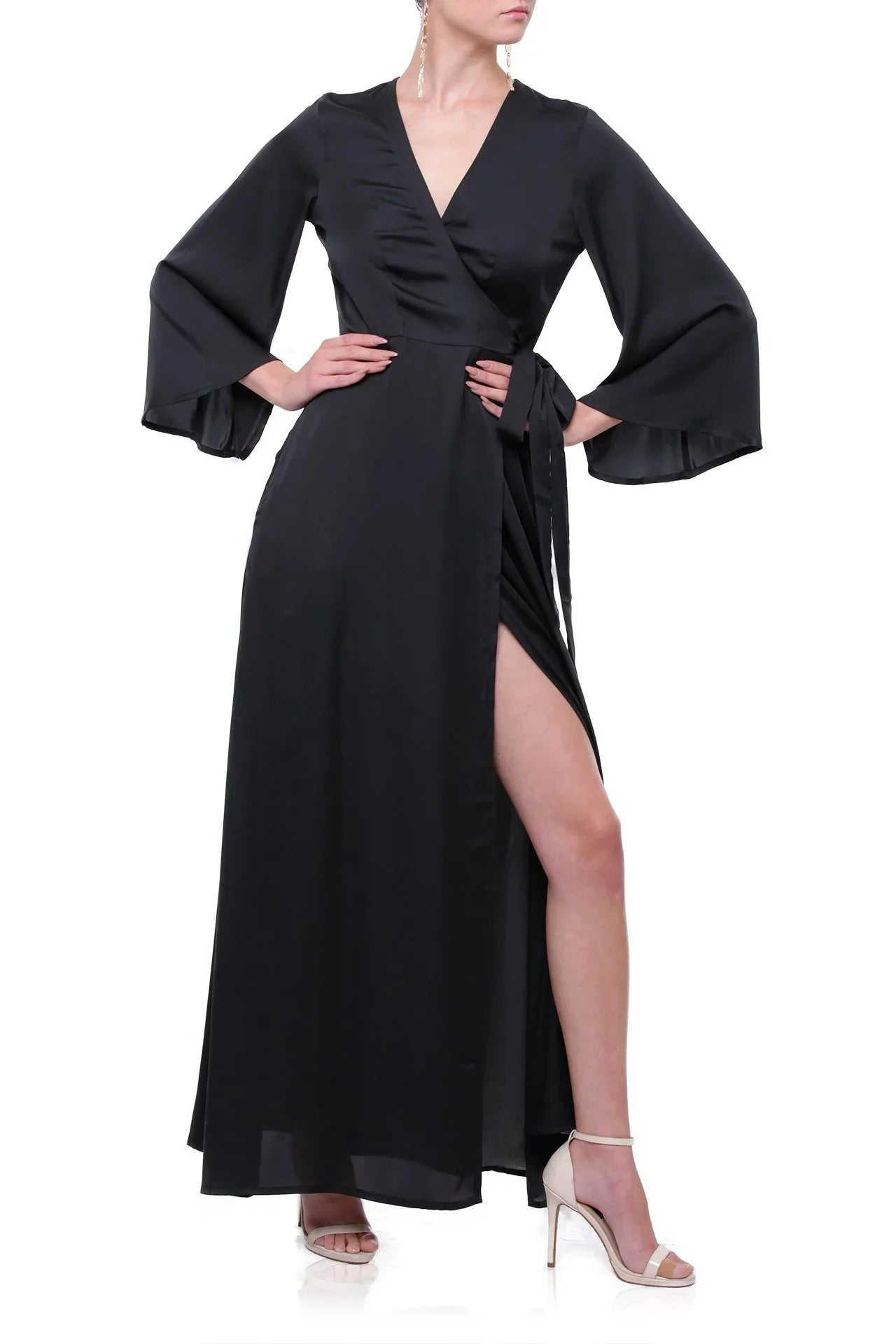 Black Satin Wrap Maxi Dress