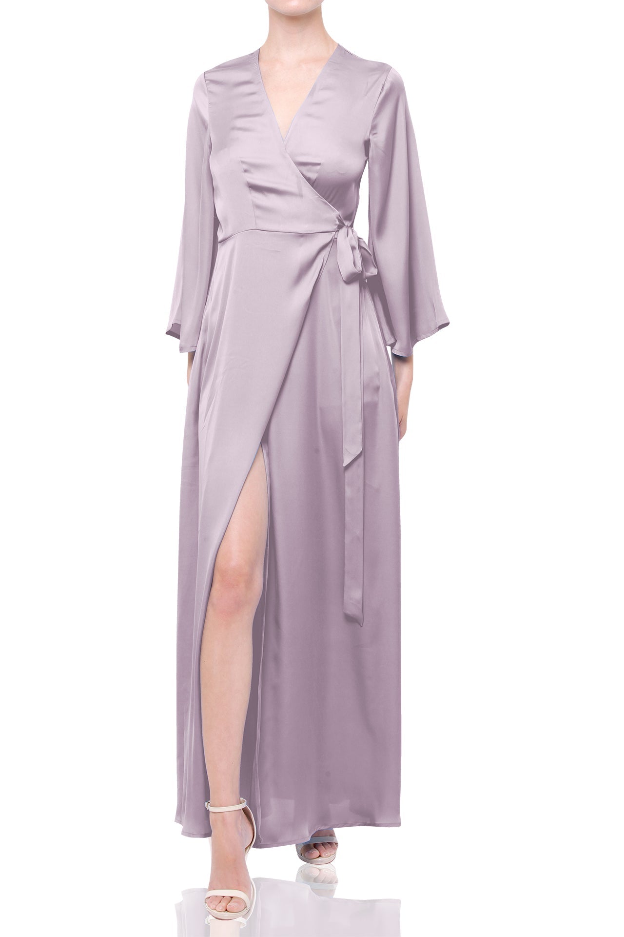 grey satin wrap dress Silver grey silk long wrap dress
