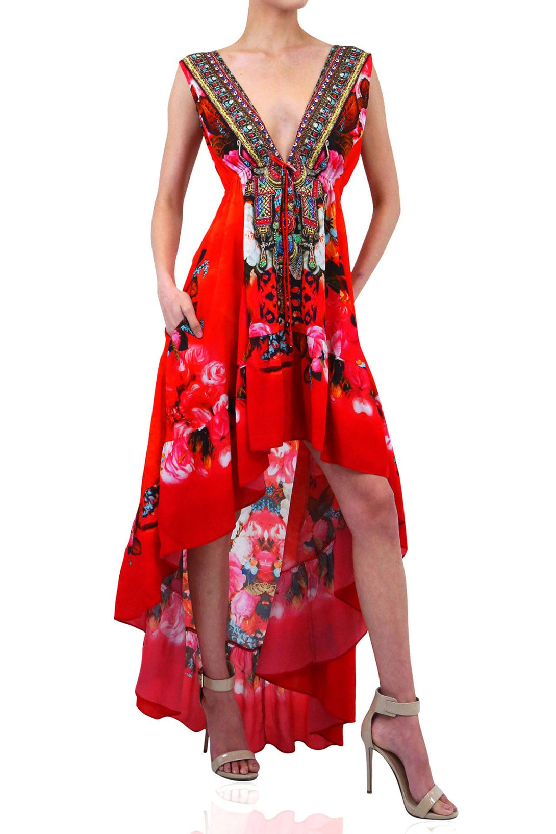  ladies red dress, long summer dresses, asymmetrical cocktail dress, Shahida Parides, maxi dresses for women,