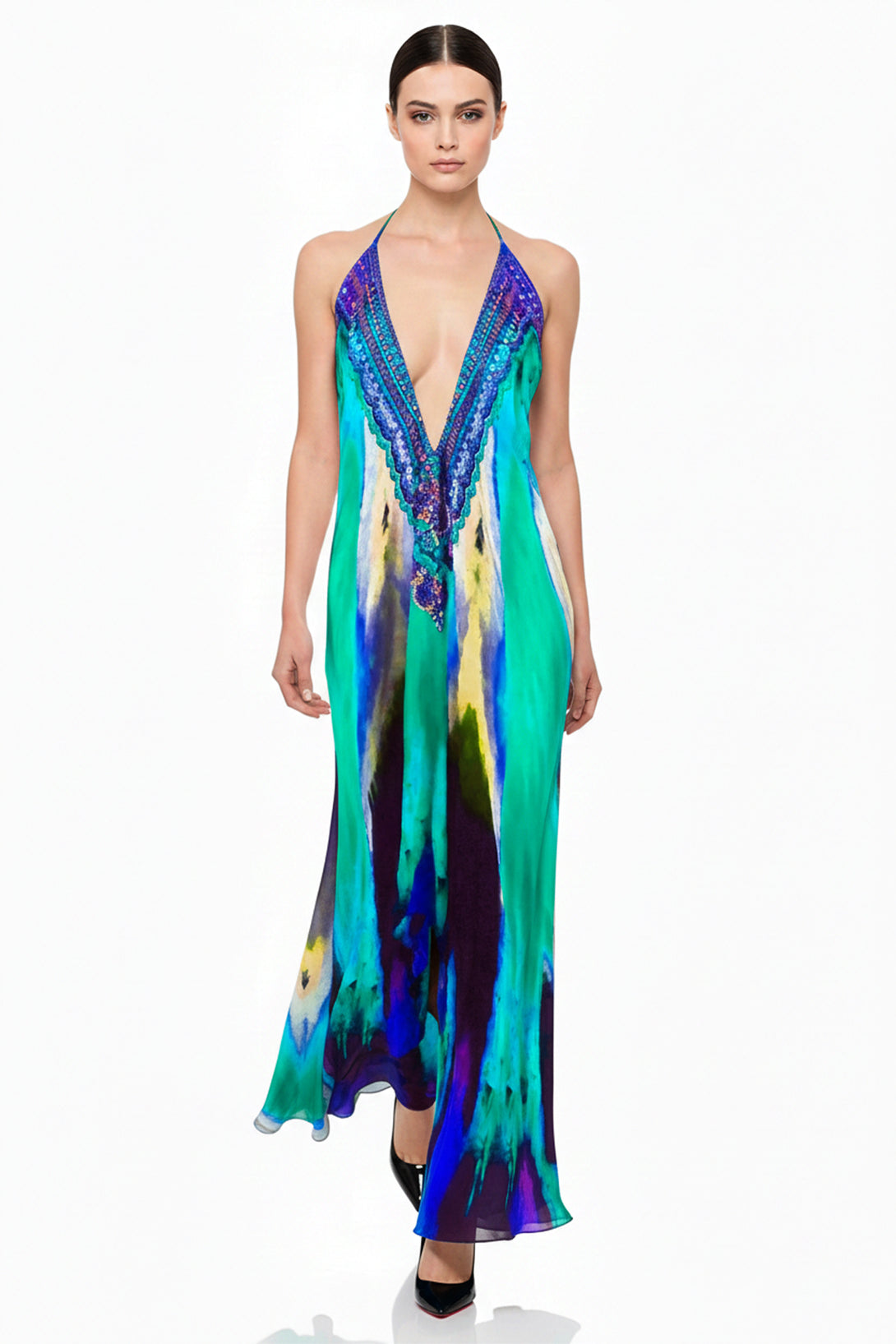 aqua watercolor maxi dress Aimee Watercolor Maxi Gown