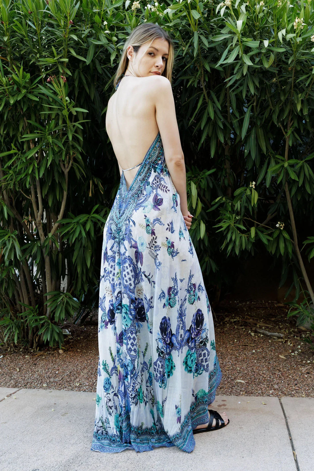 One Size Azure Baroque Silk Scarf Maxi Dress