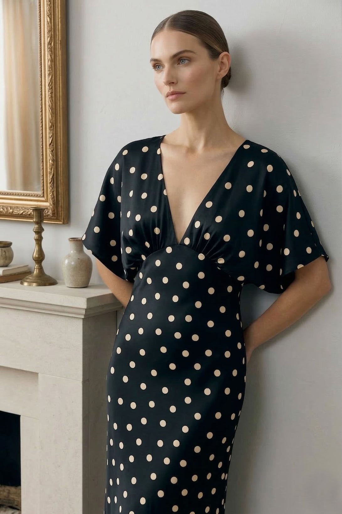 black dress polka dot sleeves Boho Black and White Satin Puff Sleeves Maxi Polka Dot Dress with Slit