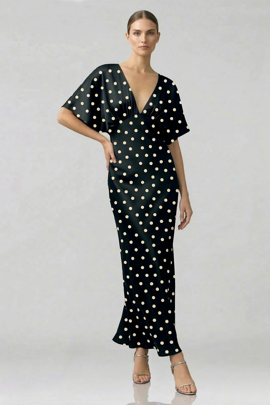black and white satin dress Standard / XS Polka Dot Deep-V Flutter-Sleeve A-Line Wedding Guest Sky Blue Best Prom Dresses in Promo Text: On Sale for $5 Color:Black & Purple Ribbons