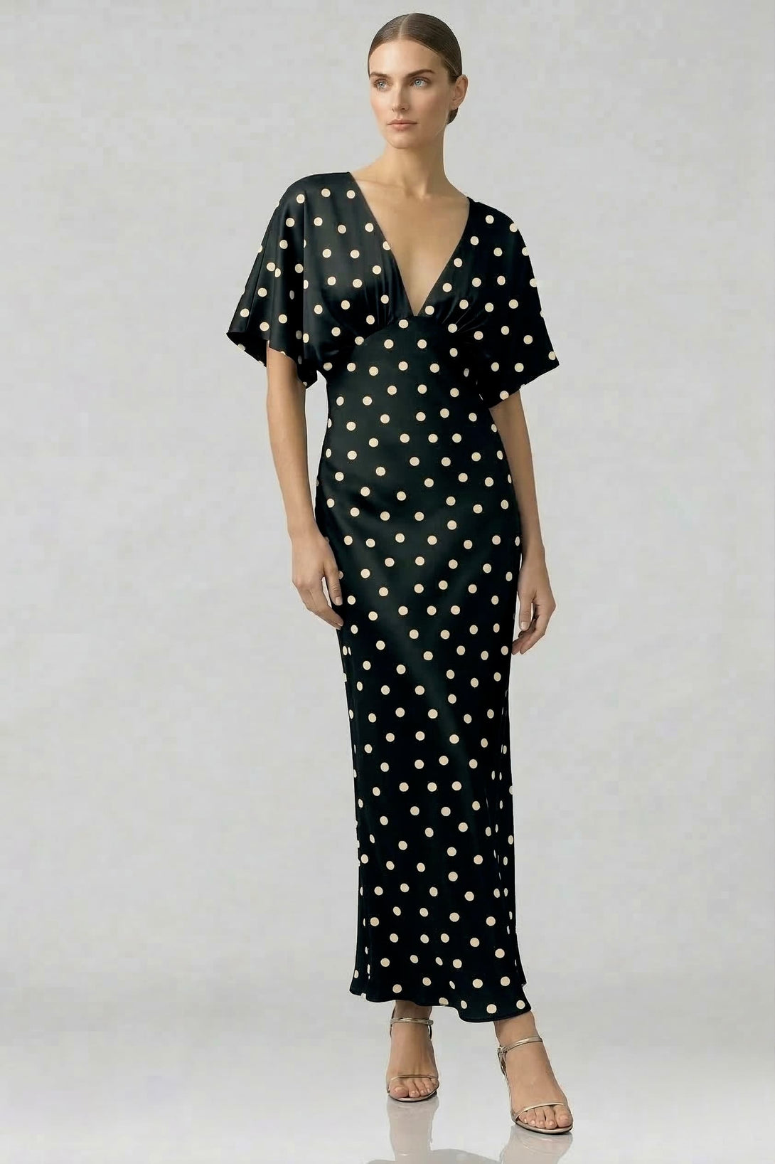 Standard / XS Black and White Polka Dot Deep-V Flutter-Sleeve Satin A-Line Wedding Guest Dress