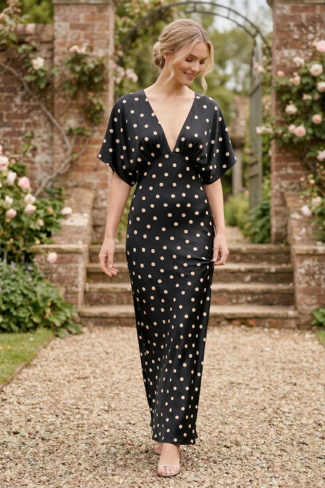 Standard / XS Black and White Polka Dot Deep-V Flutter-Sleeve Satin A-Line Wedding Guest Dress