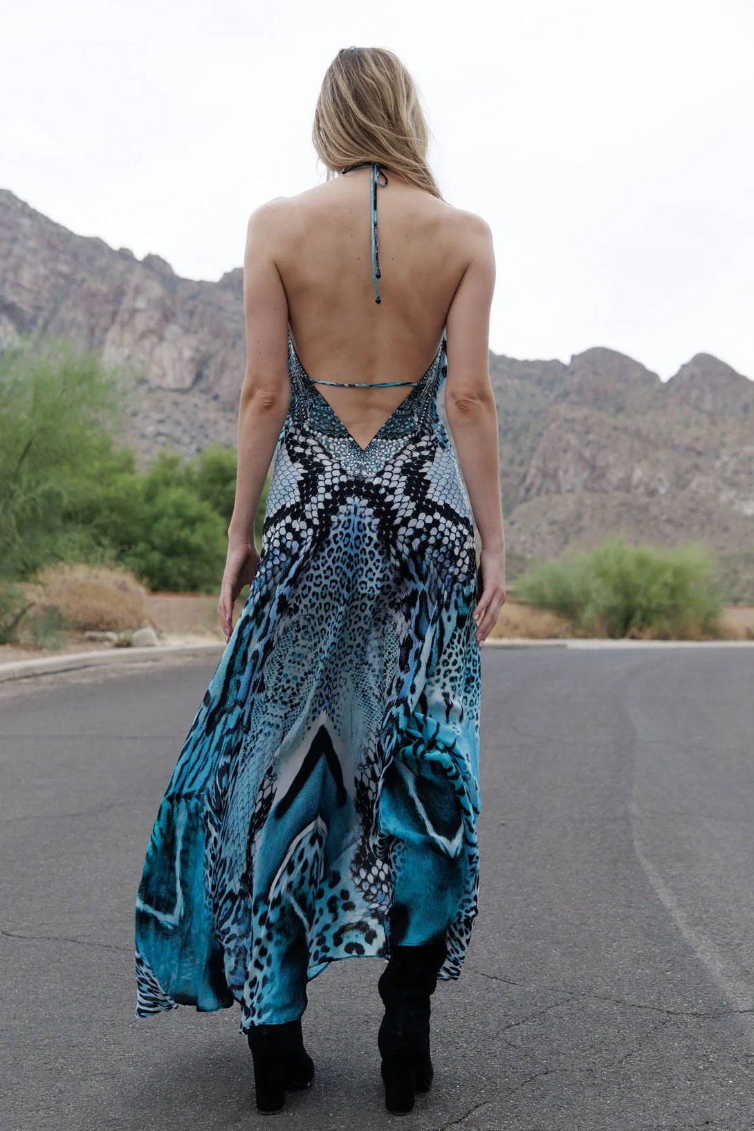 One Size Blue Leopard Silk Scarf Maxi Dress
