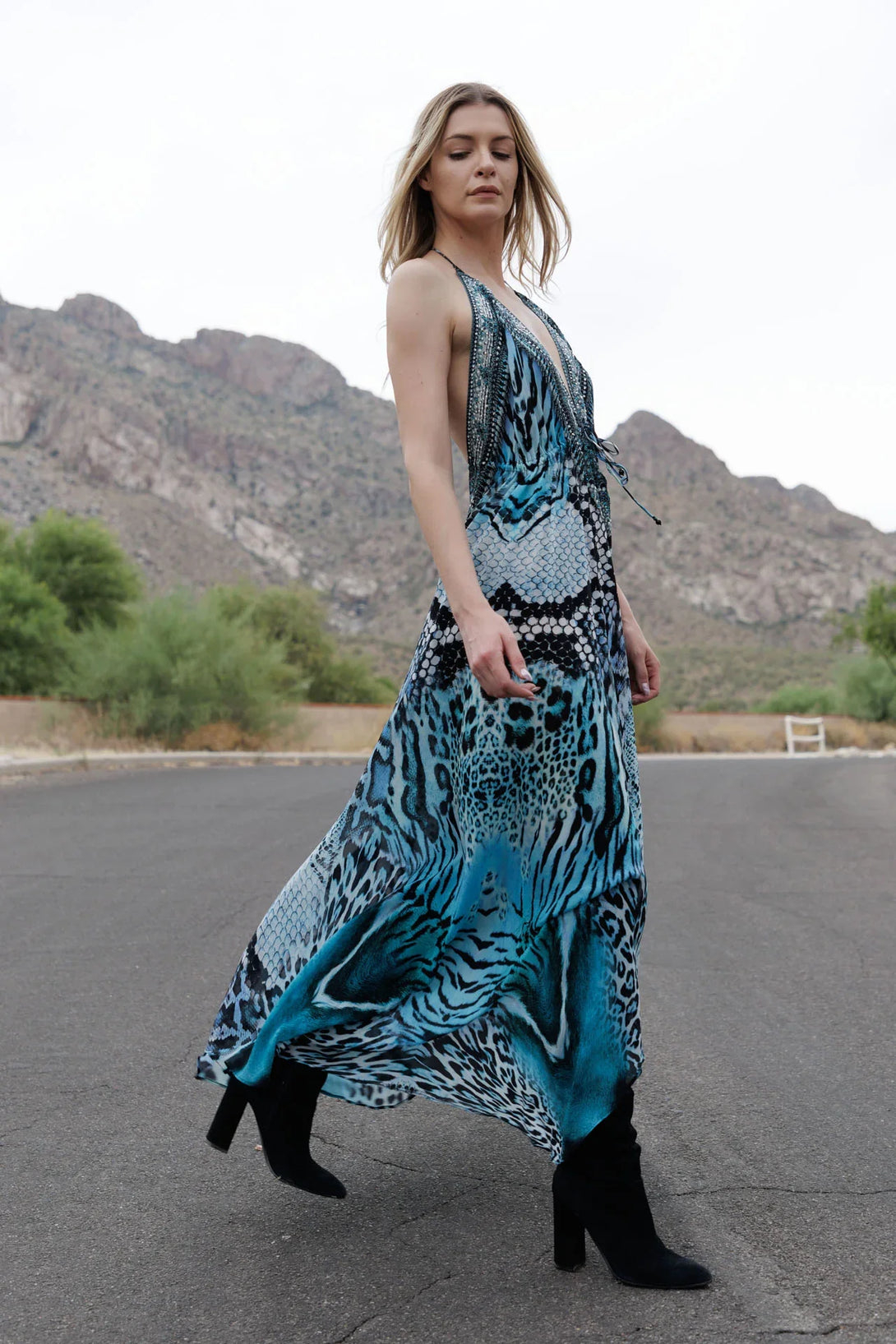 blue leopard maxi dress One Size Blue Leopard Silk Scarf Maxi Dress