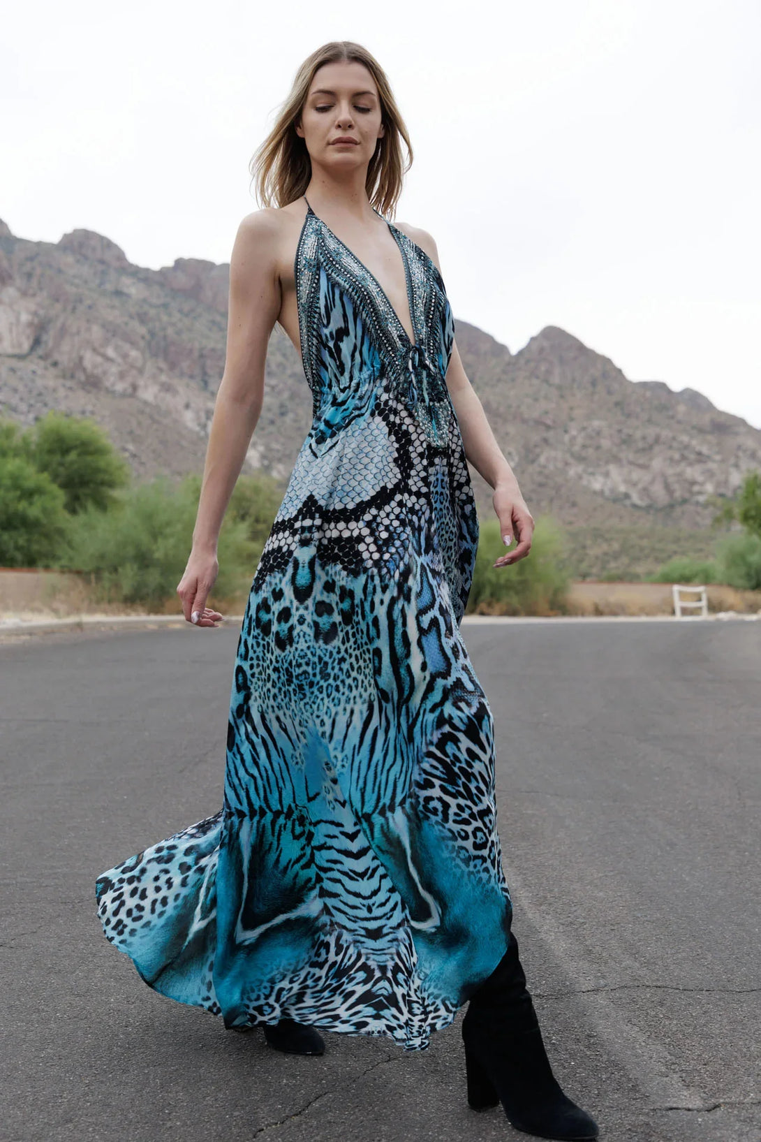blue leopard maxi dress Blue Leopard Silk Scarf Maxi Dress