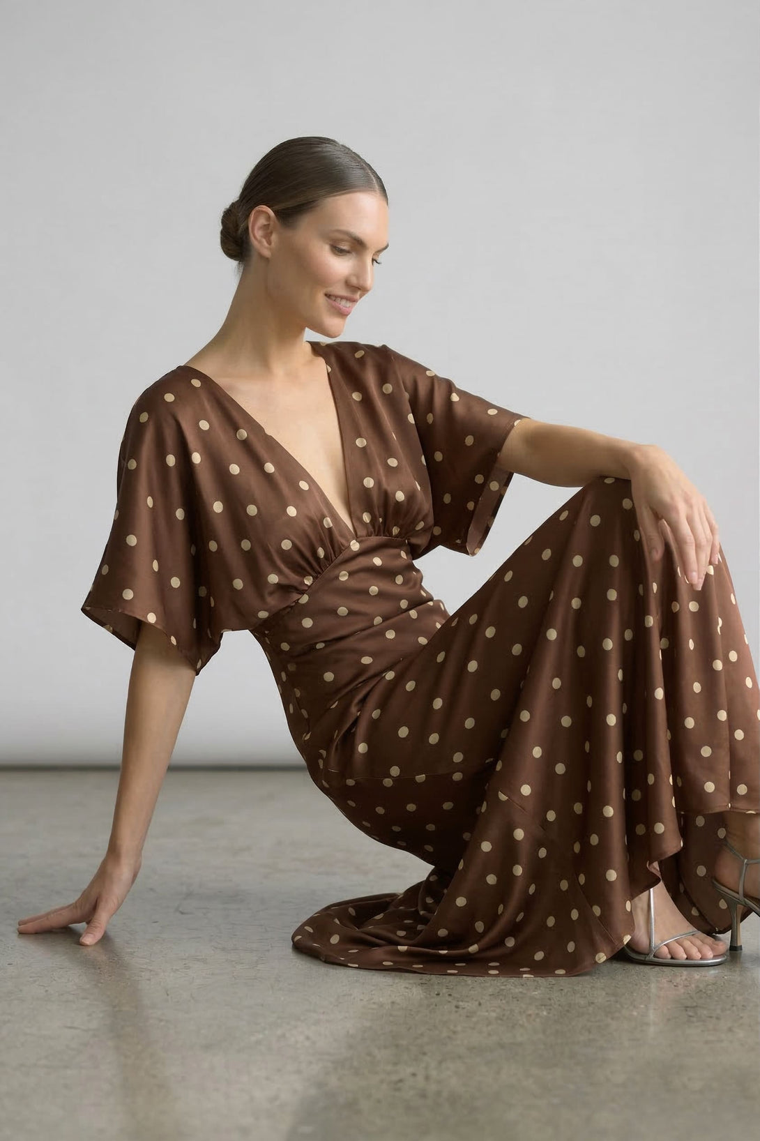 Brown Polka Dot Satin Wedding Guest Dress | Deep-V Flutter Sleeve | Shahida Shahida Parides Brown Polka Dot Satin Wedding Guest Dress | Deep-V Flutter Sleeve | Shahida Shahida Parides