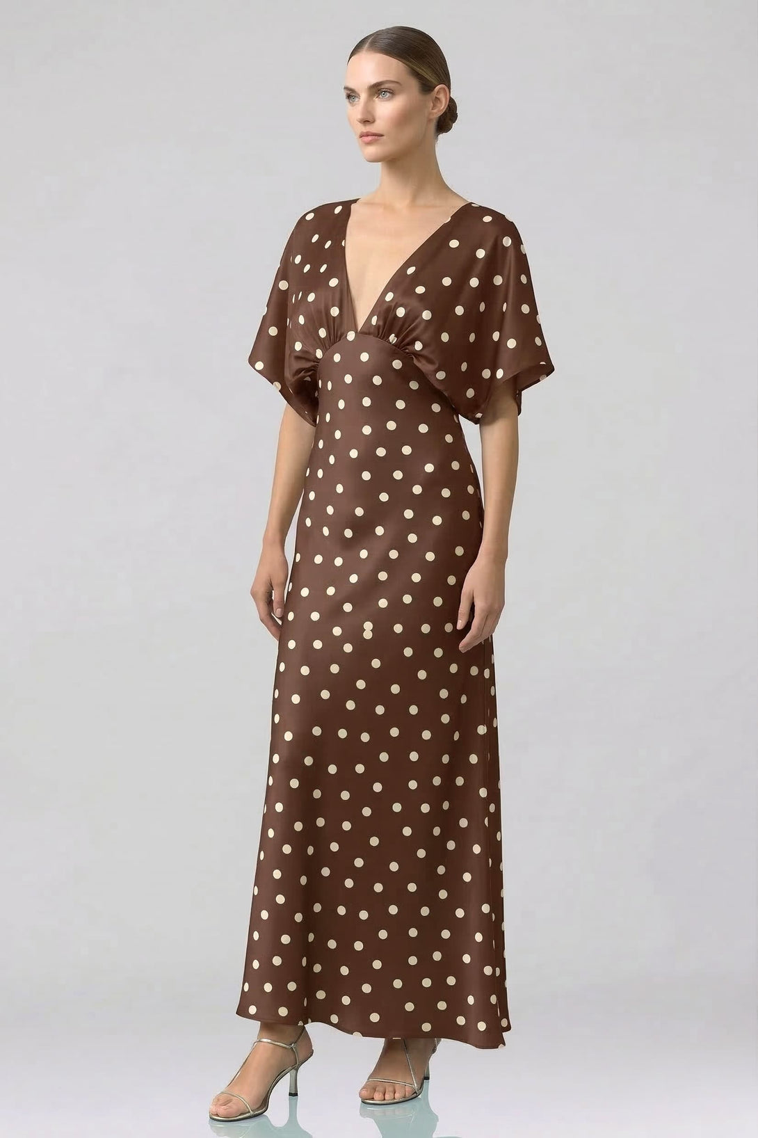 S Brown Polka Dot Deep-V Flutter-Sleeve Satin A-Line Wedding Guest Dress S Brown Polka Dot Deep-V Flutter-Sleeve Satin A-Line Wedding Guest Dress
