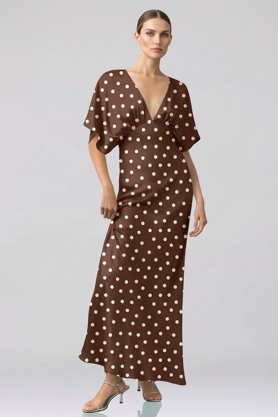 Standard / XS Brown Polka Dot Deep-V Flutter-Sleeve Satin A-Line Wedding Guest Dress