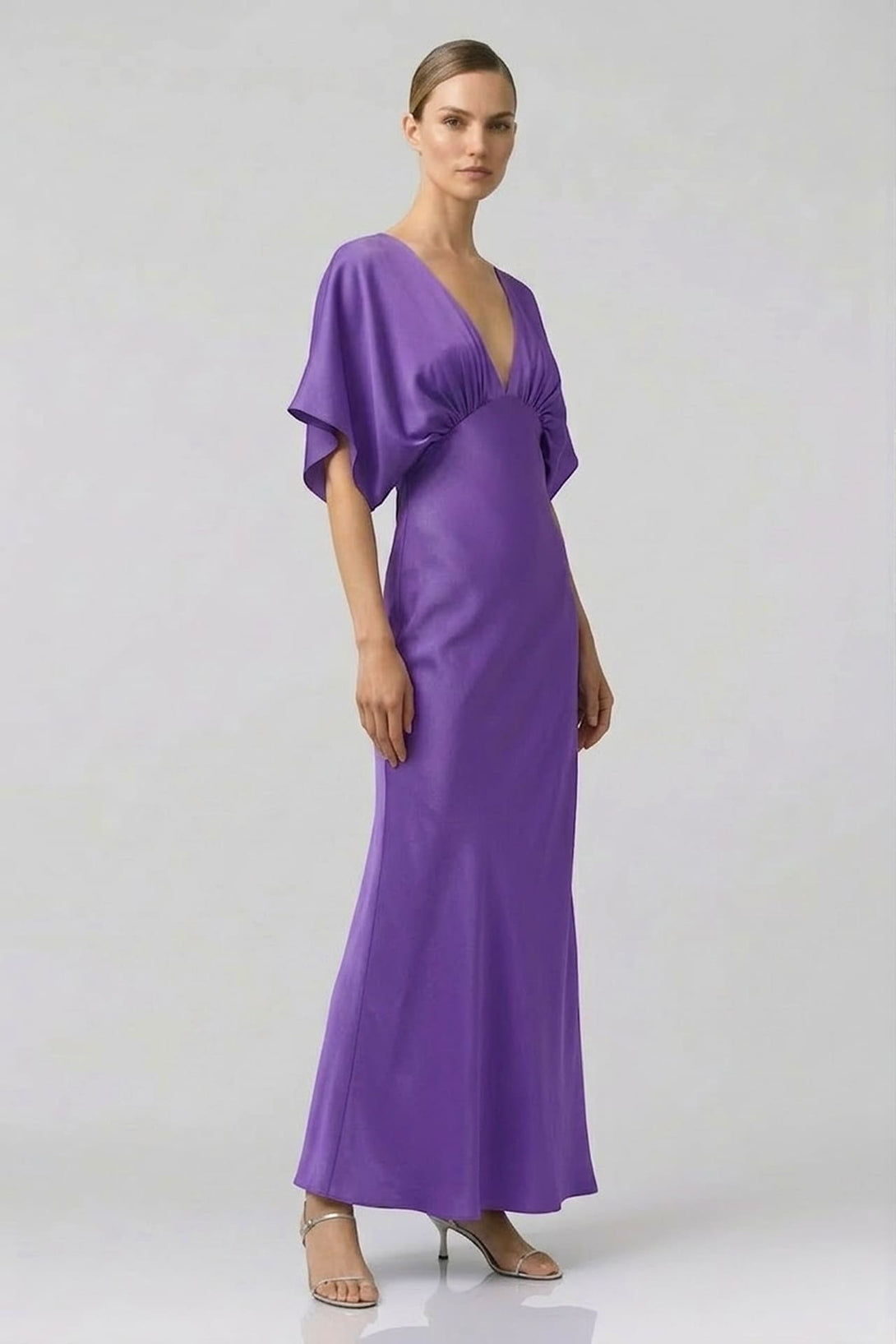 Amethyst Deep V Satin Bridesmaid Dress | Shasi A-Line Gown
