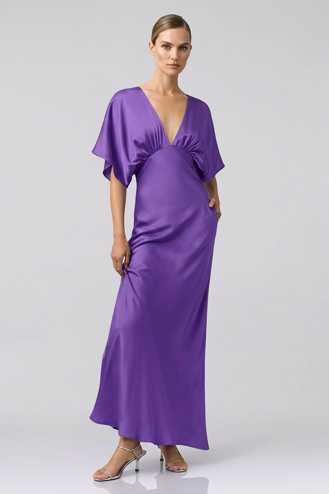 Standard / XS Shasi Amethyst Deep-V Flutter-Sleeve Satin A-Line Bridesmaid Gown- Modern Formal wear Standard / XS Shasi Amethyst Deep-V Flutter-Sleeve Satin A-Line Bridesmaid Gown- Modern Formal wear