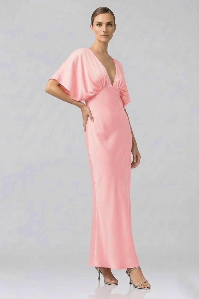 Standard / XS Shasi Blush Pink Satin V-Neck Bridesmaid Dress with Flutter Sleeves - Garden Wedding Dress Standard / XS Shasi Blush Pink Satin V-Neck Bridesmaid Dress with Flutter Sleeves - Garden Wedding Dress