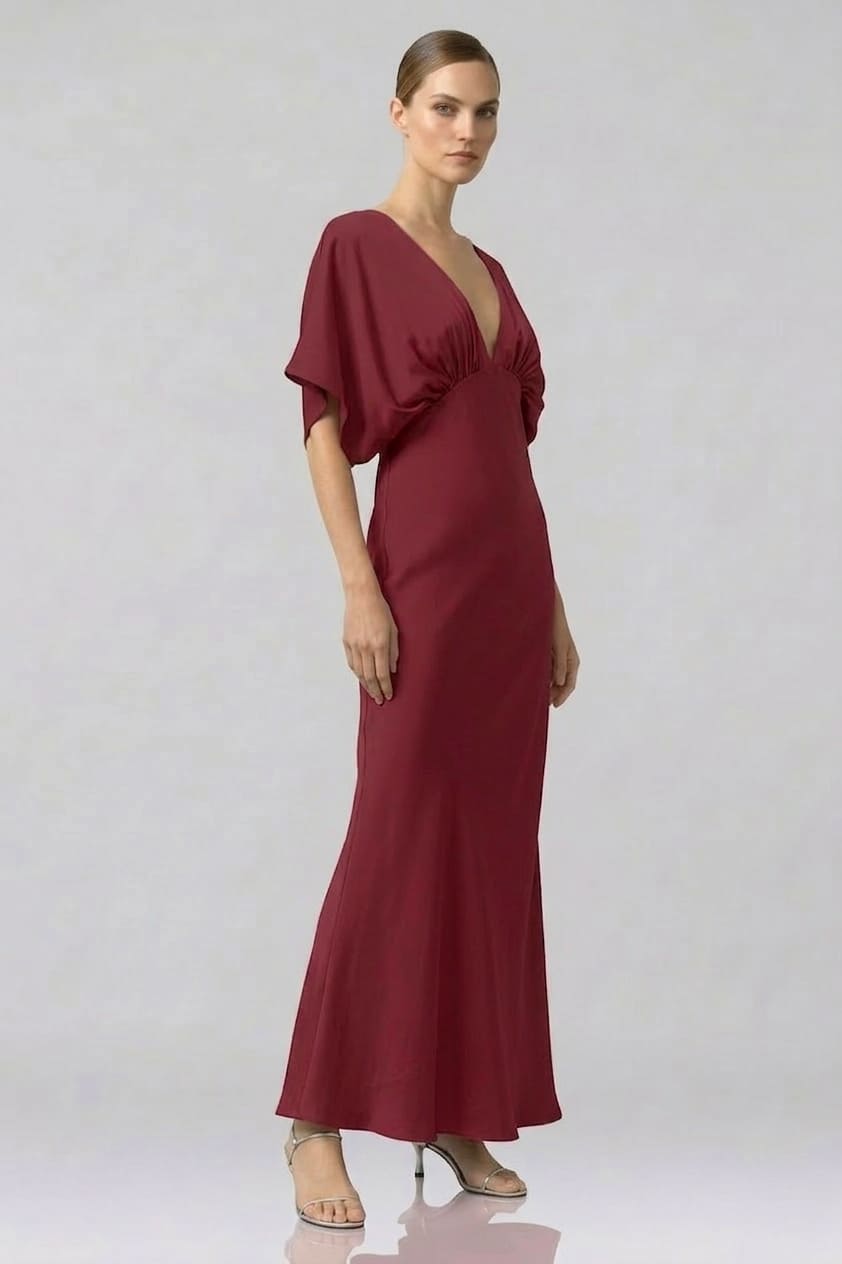 Burgundy Bridesmaid Deep V Flutter Sleeve Satin A-Line Gown | Shahida Shahida Parides Burgundy Bridesmaid Deep V Flutter Sleeve Satin A-Line Gown | Shahida Shahida Parides