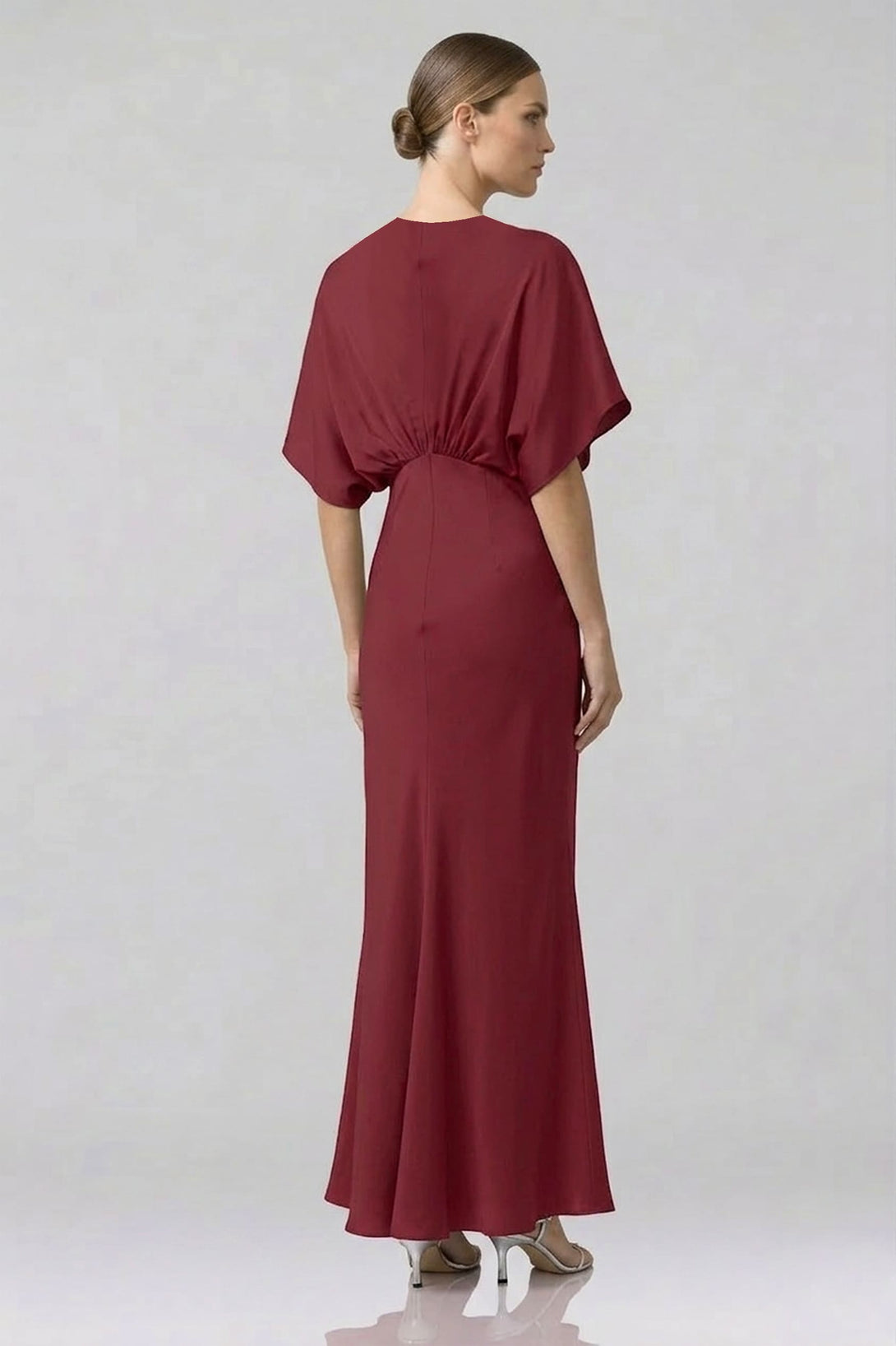 Burgundy Bridesmaid Deep V Flutter Sleeve Satin A-Line Gown