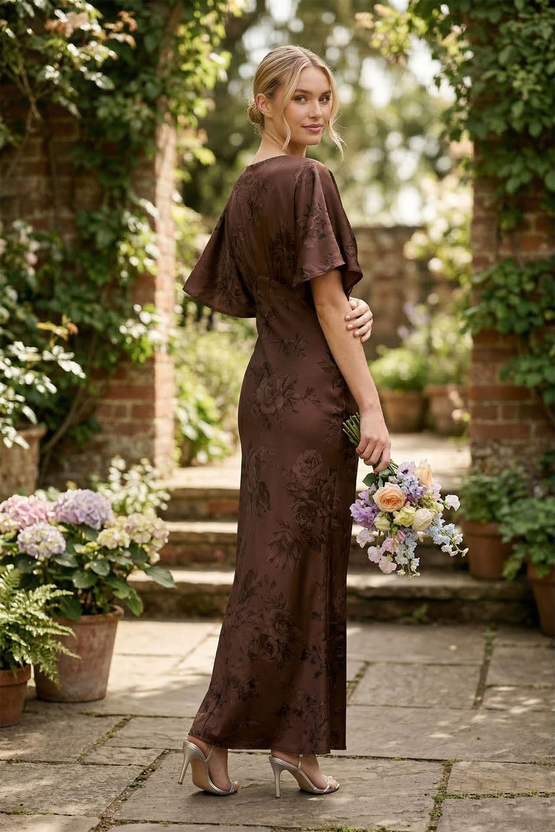 Standard / XS Shasi Chocolate V-Neck Floral Satin Bridesmaid Dress with Flutter Sleeves- Rustic Wedding Dress