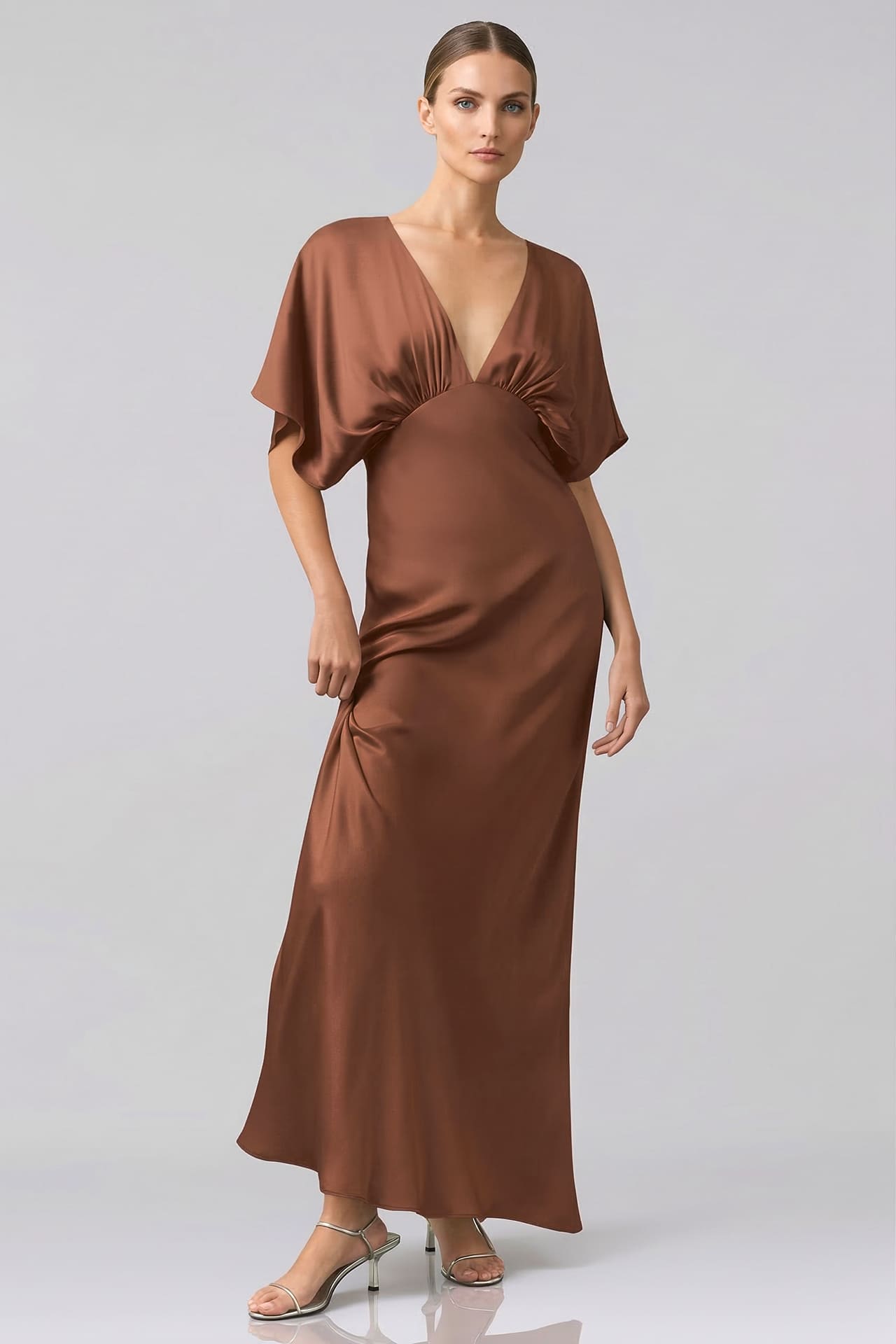 Shasi Chocolate Deep-V Flutter-Sleeve Satin A-Line Gown |Shahida – Shahida Parides