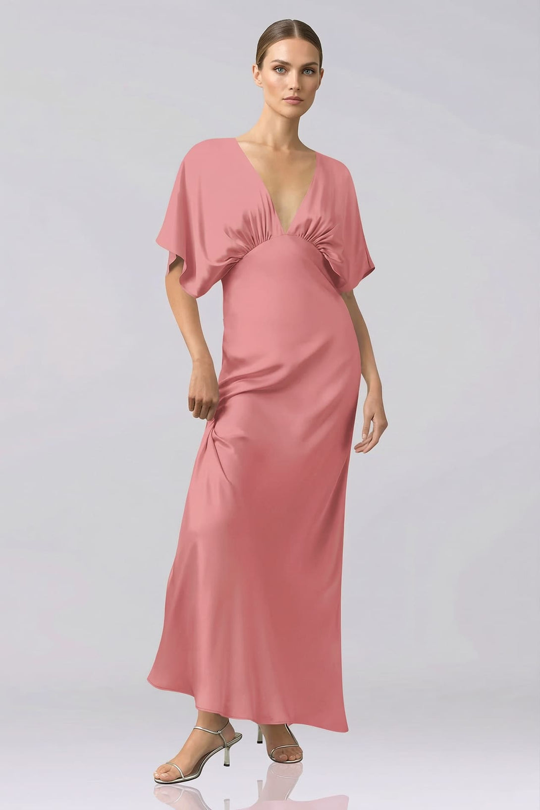Dusty Rose Satin V-Neck flutter sleeves Bridesmaid Gown