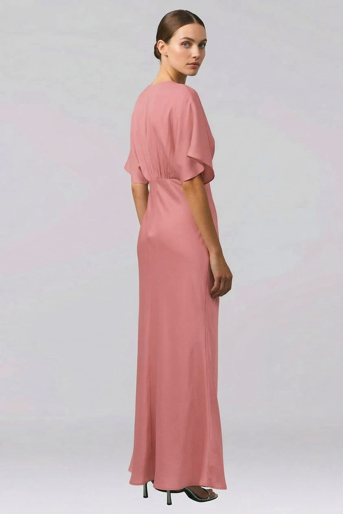 dusty pink satin bridesmaid dresses BABARONI BABARONI Stretch Satin Dusty Rose Bridesmaid Dresses Halter Sweep/Brush Train Sleeveless Pleated with Slit Sheath, Dusty Rose / US0