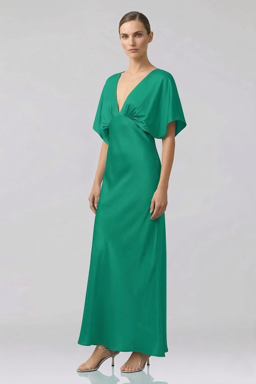 Emerald Deep V Satin Bridesmaid Dress