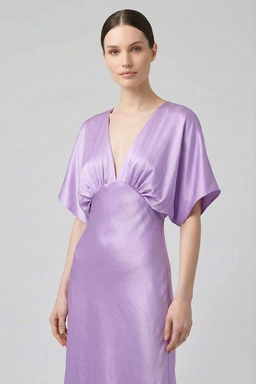 lavender silk dress Standard / XS Shasi Lavender Deep-V Flutter-Sleeve Satin A-Line Gown- Modern Formal Wear