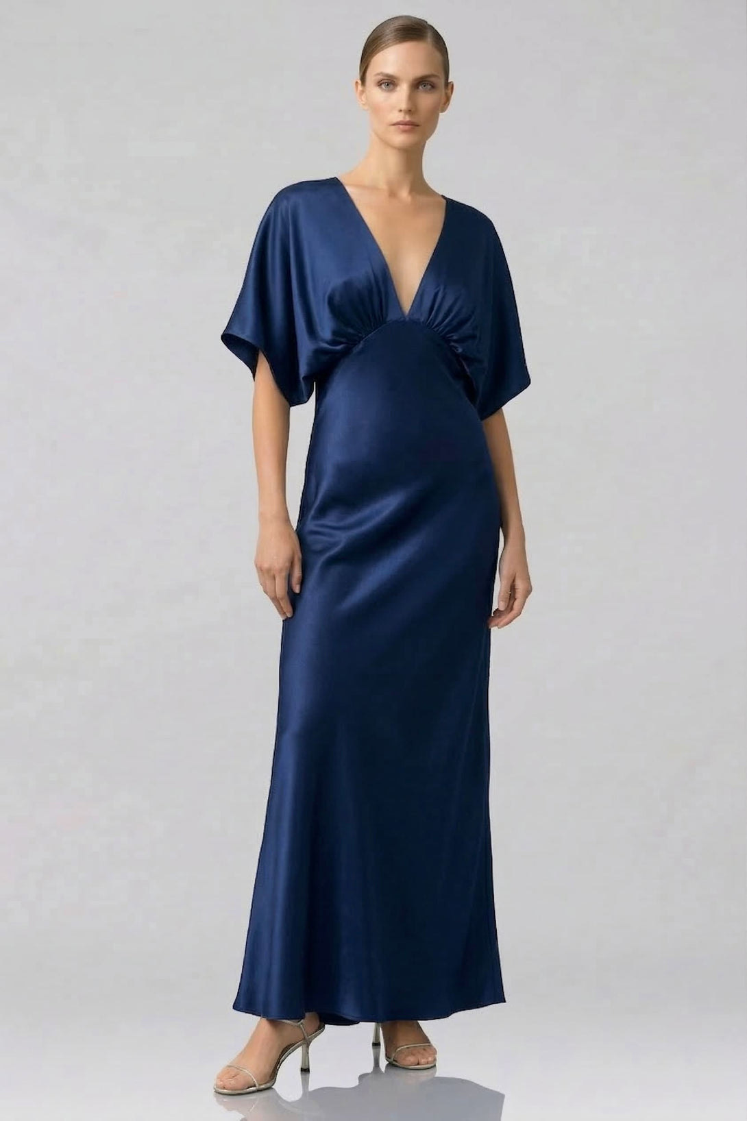 Midnight Navy Deep V Satin Bridesmaid Dress | Flutter Sleeve | Shahida Shahida Parides Midnight Navy Deep V Satin Bridesmaid Dress | Flutter Sleeve | Shahida Shahida Parides