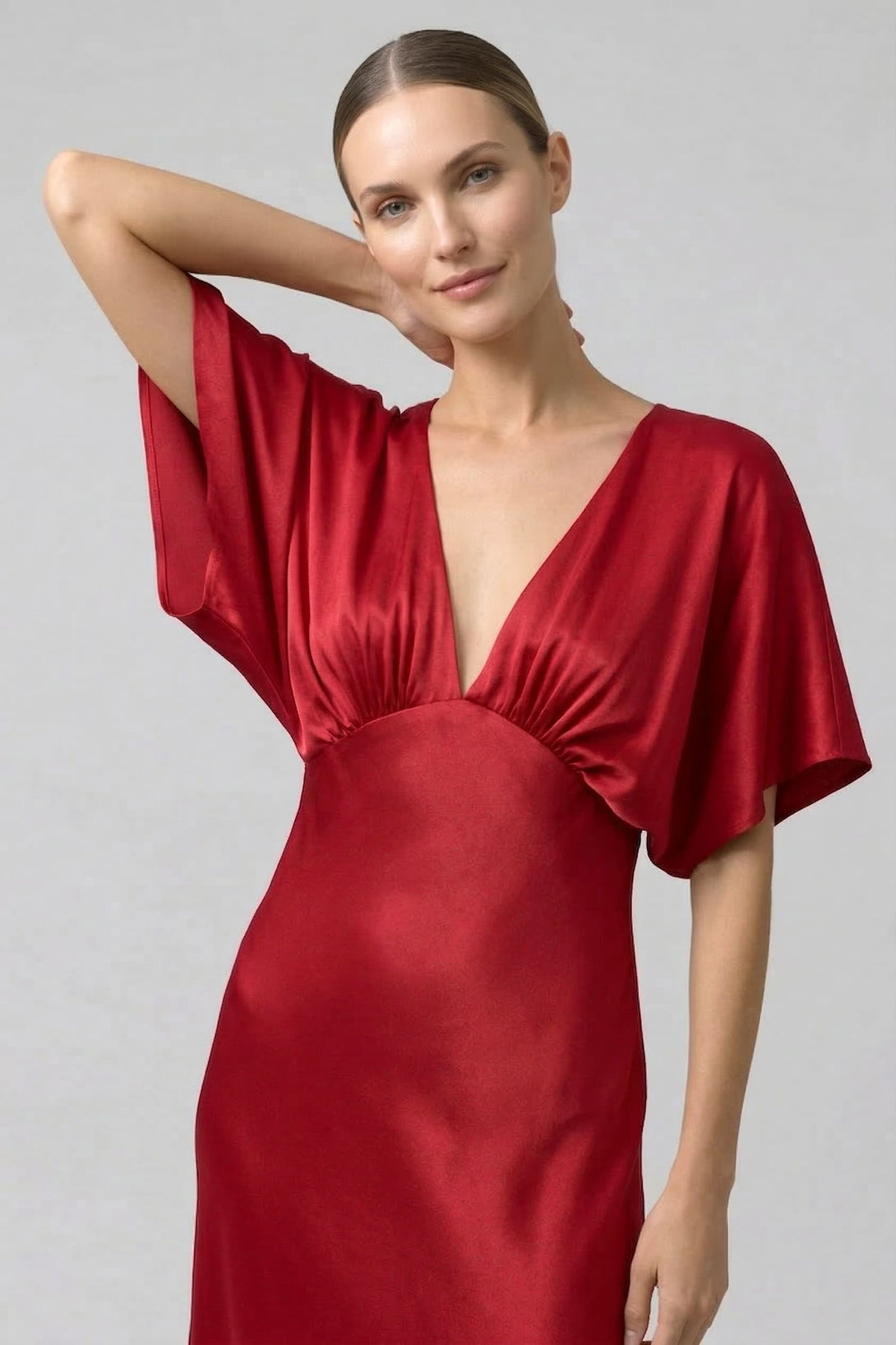 Ruby Red Deep V Satin Bridesmaid Dress | Flutter Sleeve A-Line | Shahida Shahida Parides Ruby Red Deep V Satin Bridesmaid Dress | Flutter Sleeve A-Line | Shahida Shahida Parides