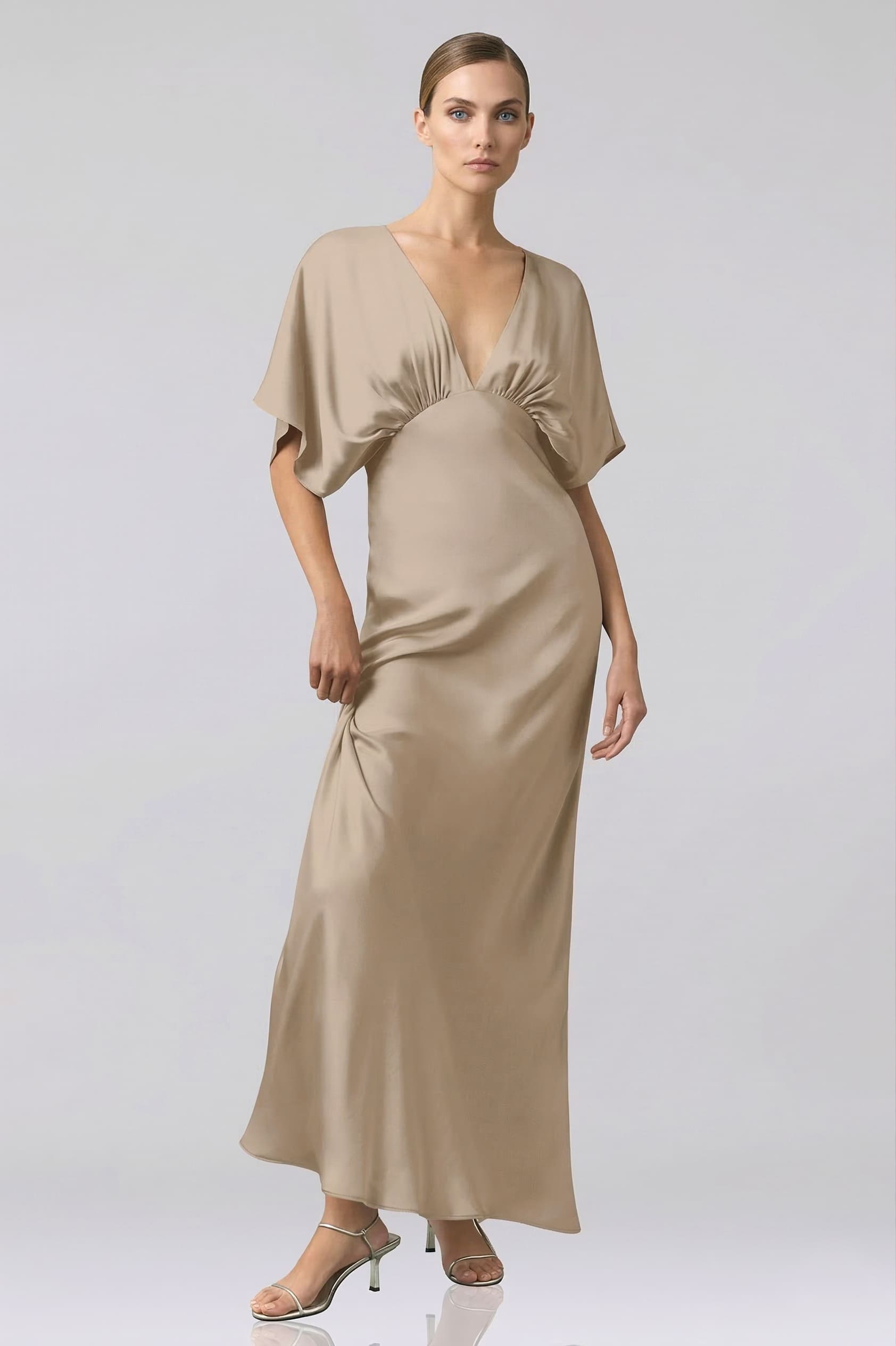 Standard / XS Shasi Taupe Deep-V Flutter-Sleeve Satin A-Line Bridesmaid Gown- Bridal Party Gown Standard / XS Shasi Taupe Deep-V Flutter-Sleeve Satin A-Line Bridesmaid Gown- Bridal Party Gown