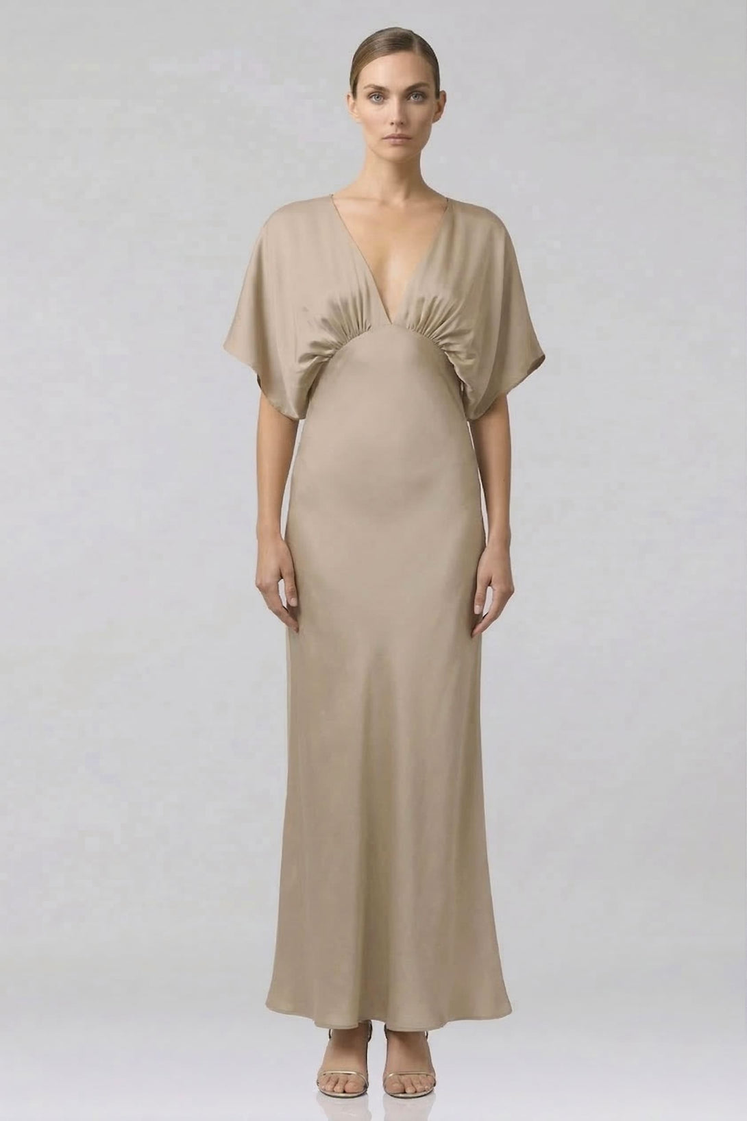 taupe silk bridesmaid dresses Standard / XS Shasi Taupe Deep-V Flutter-Sleeve Satin A-Line Bridesmaid Gown- Bridal Party Gown