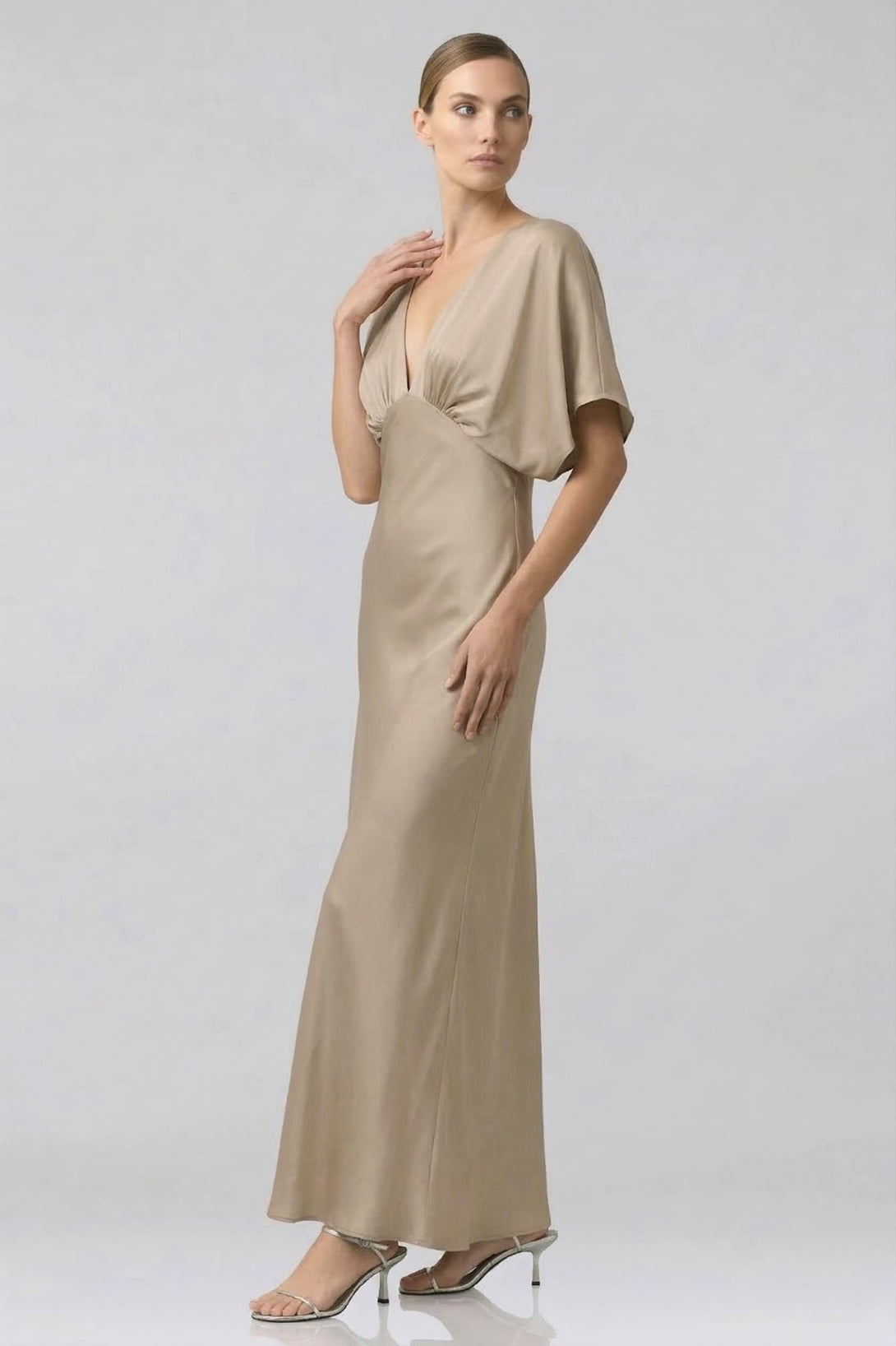 Standard / XS Shasi Taupe Deep-V Flutter-Sleeve Satin A-Line Bridesmaid Gown- Bridal Party Gown Standard / XS Shasi Taupe Deep-V Flutter-Sleeve Satin A-Line Bridesmaid Gown- Bridal Party Gown