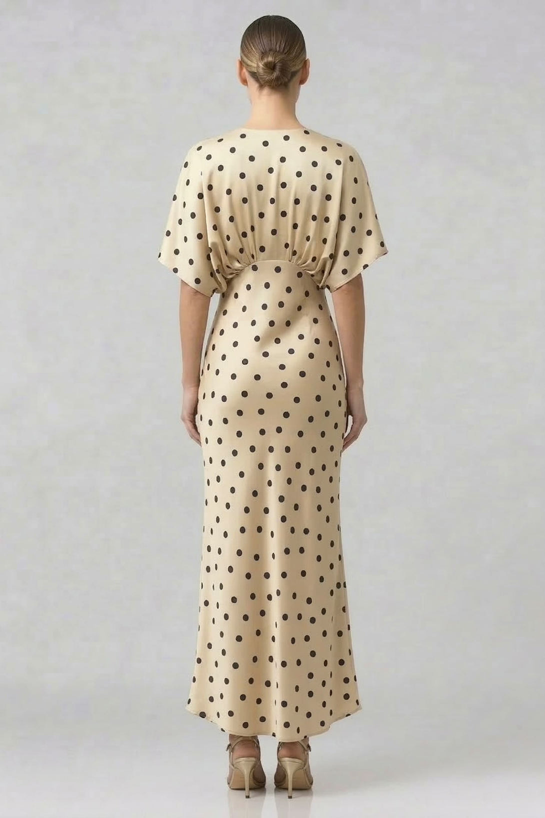 Ivory Polka Dot Satin Wedding Guest Dress | Deep-V Flutter Sleeve