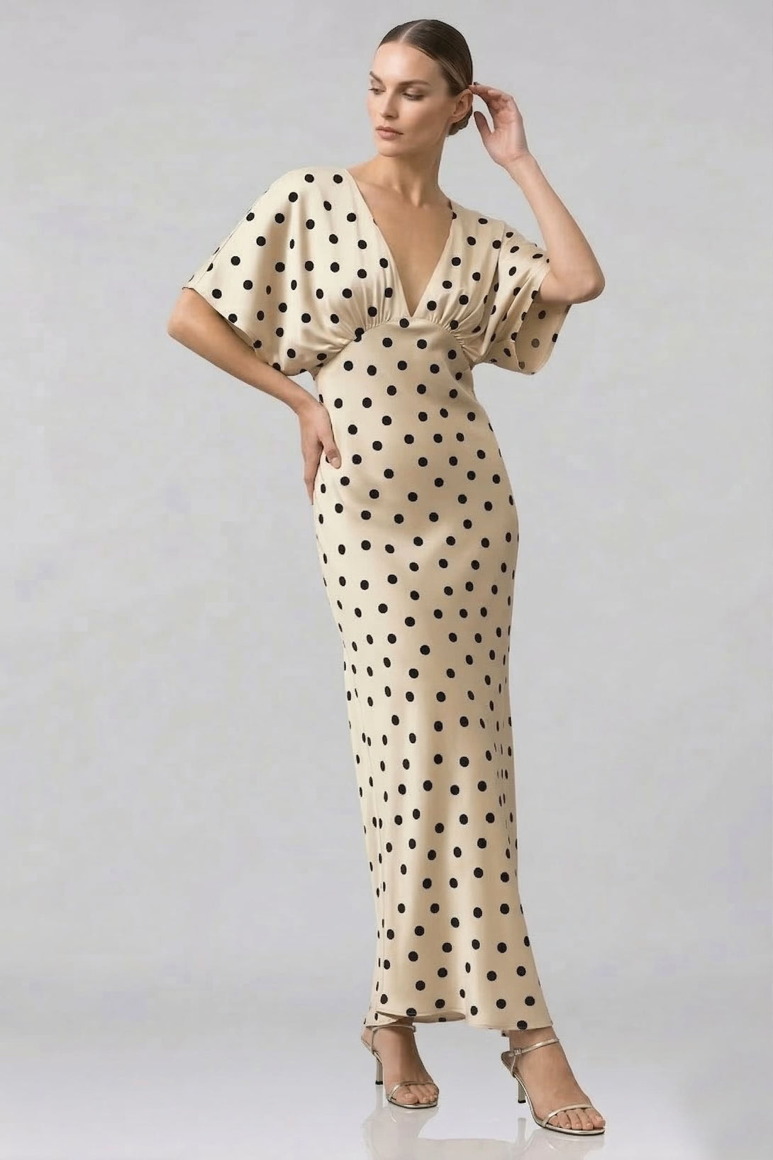 Standard / XS Ivory Polka Dot Deep-V Flutter-Sleeve Satin A-Line Wedding Guest Dress Standard / XS Ivory Polka Dot Deep-V Flutter-Sleeve Satin A-Line Wedding Guest Dress