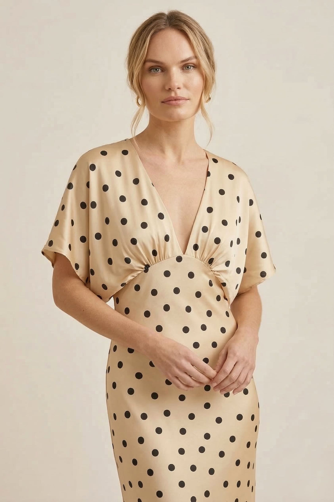 Standard / XS Ivory Polka Dot Deep-V Flutter-Sleeve Satin A-Line Wedding Guest Dress Standard / XS Ivory Polka Dot Deep-V Flutter-Sleeve Satin A-Line Wedding Guest Dress