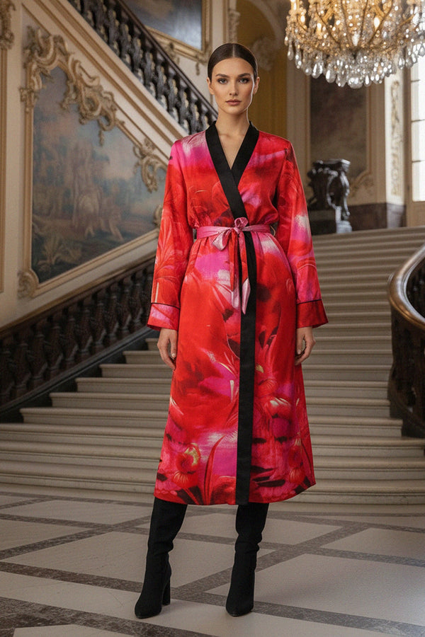 hot pink robe, silk kimono, long belted robe, luxury womenswear, statement kimono