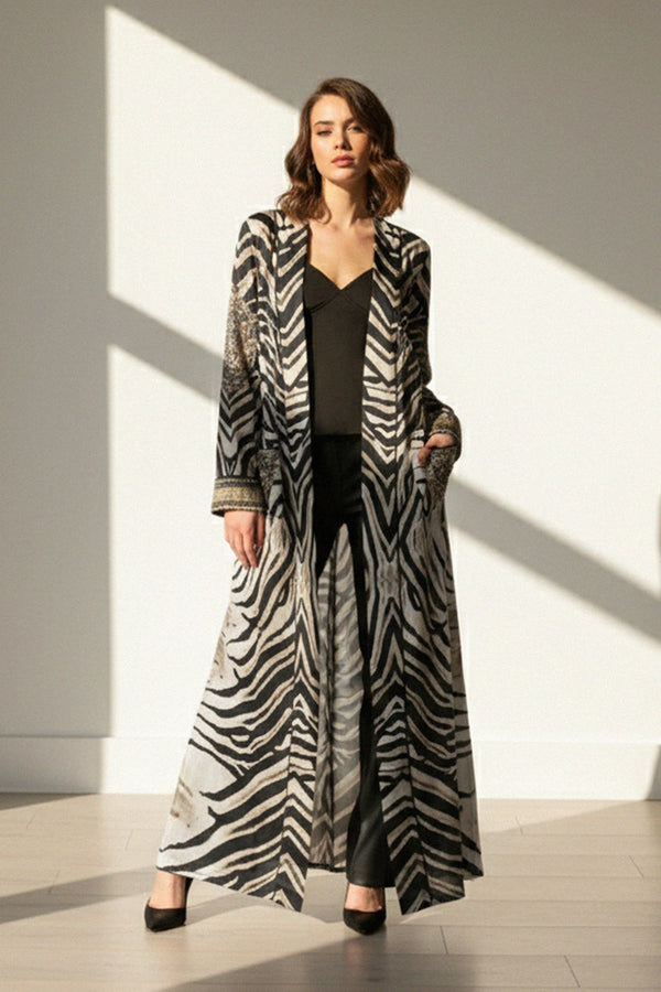 zebra print, long kimono, womens robe, modern resort, chic layering, black outfit
