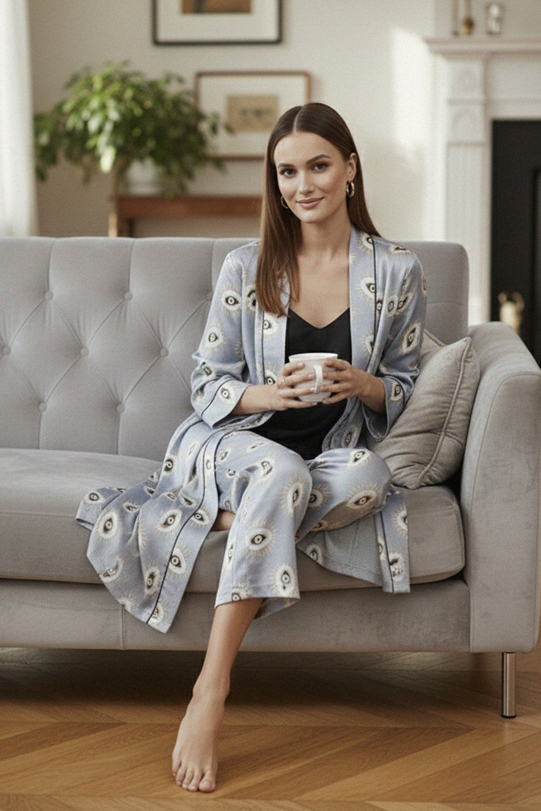 silk effect robe, evil eye design, shahida parides, santorini look, womens designer kimono, mediterranean boho