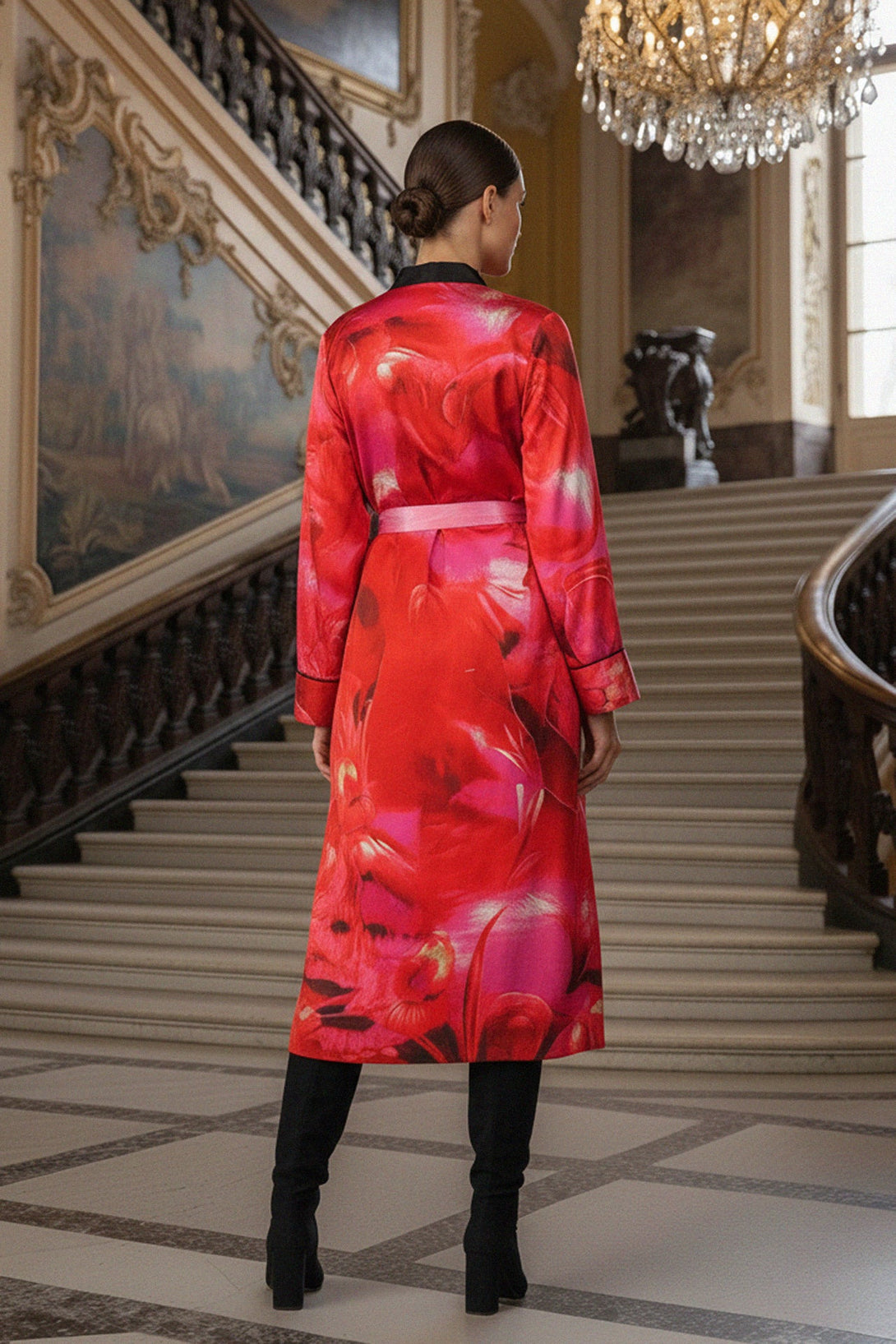 statement silk robe, womens kimono robe, pink floral silk, high fashion kimono, long vibrant robe