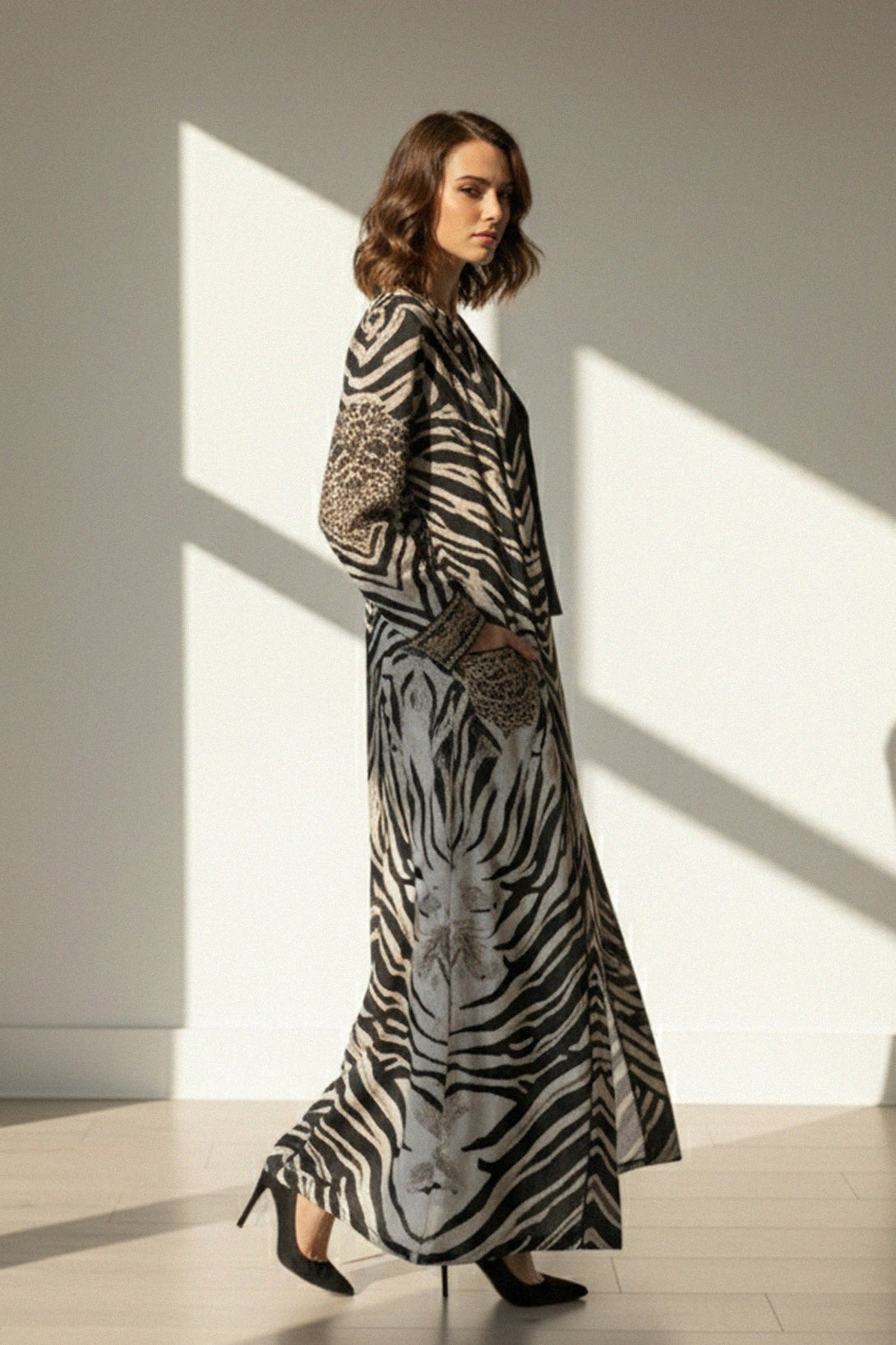 metallic cuffs, printed robe, chic fashion, elegant lines, runway vibe, soft lighting, luxe womens